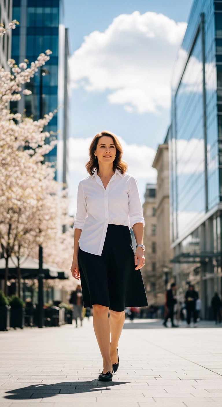 Modest spring outfits 2026 with white button-down and knee-length skirt