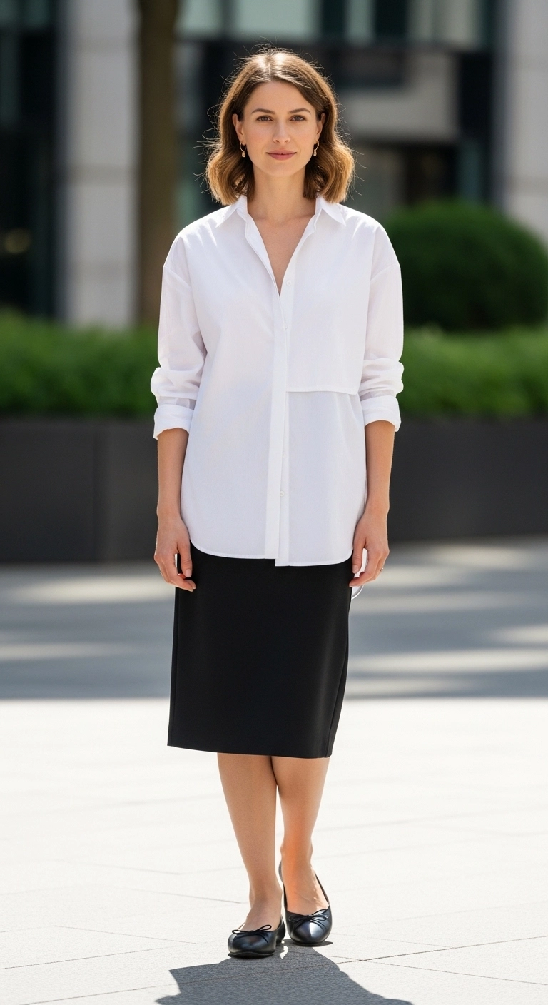 Spring outfits with skirts 2026 with button-down shirt and knee-length skirt