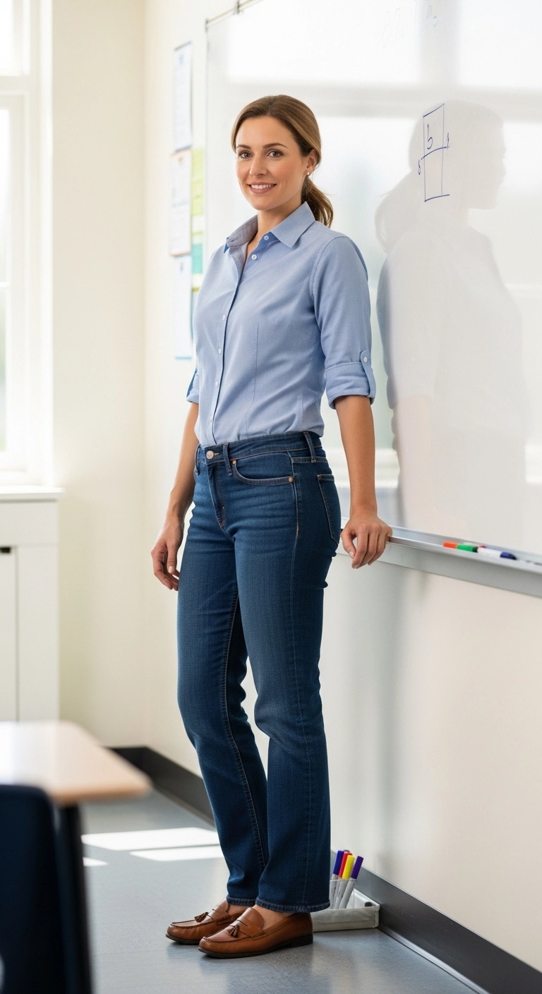 Spring teacher outfits 2026 with button-down shirt straight-leg jeans and loafers