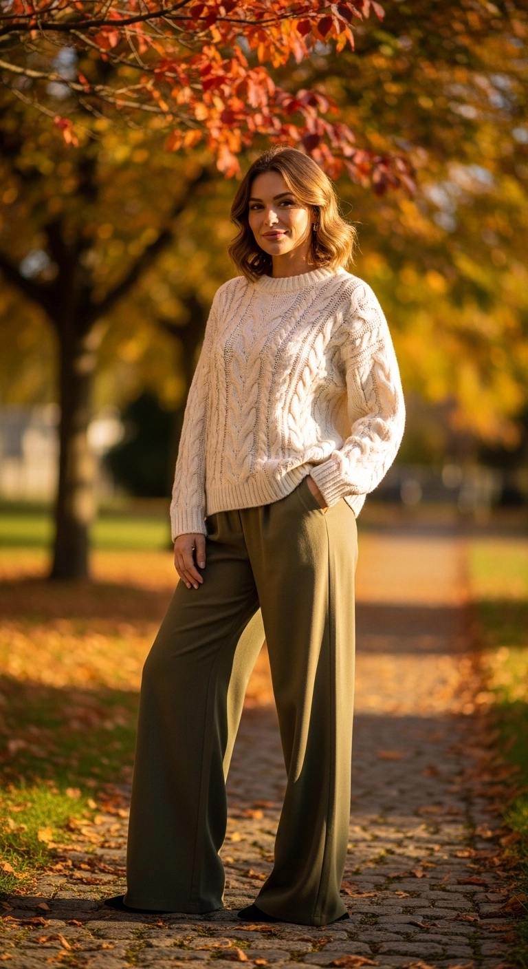 Cozy fall outfits to dress up in autumn 2026 with cable knit and wide-leg pants