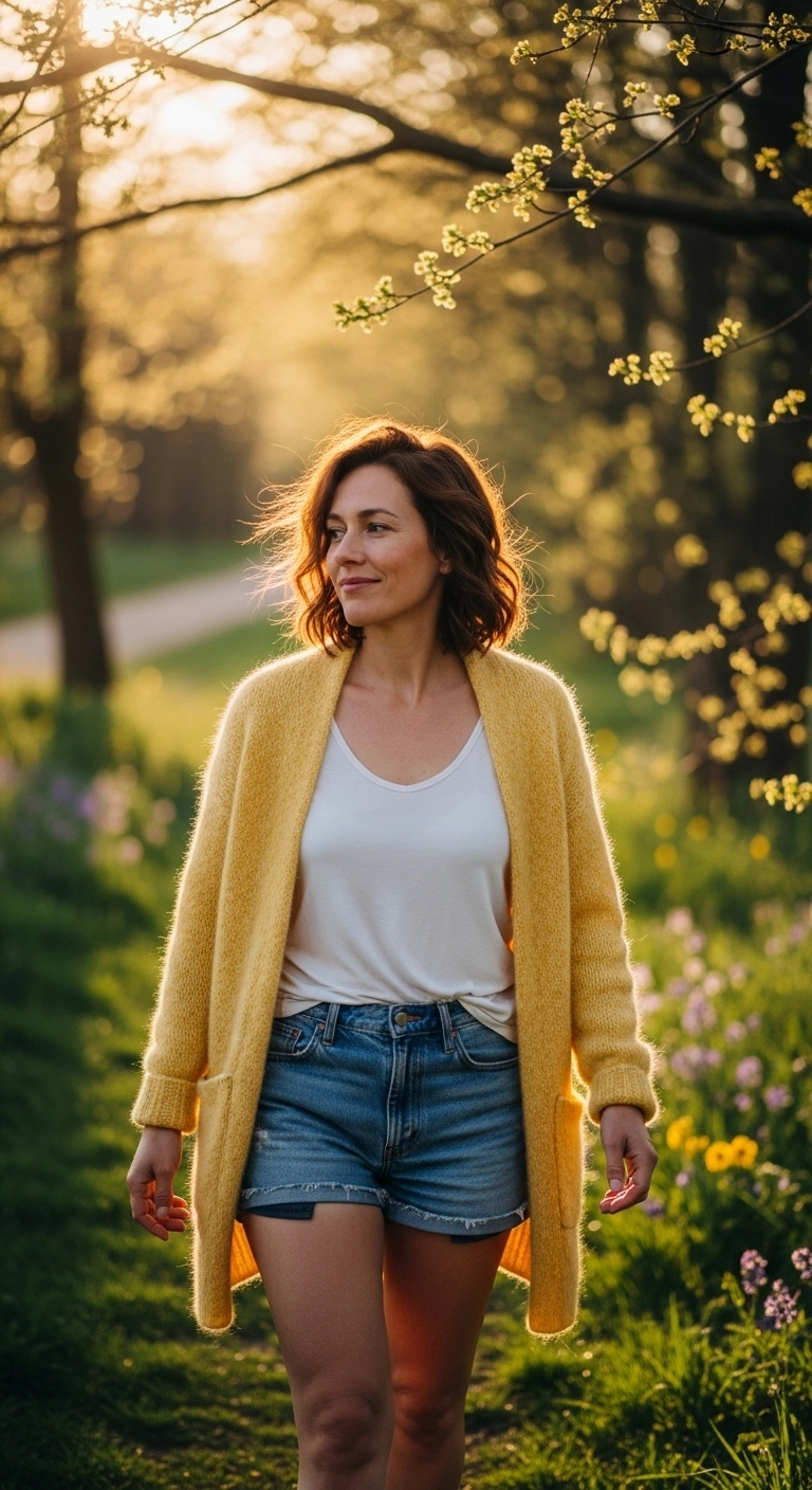 cute spring outfit ideas 2026 cardigan with denim shorts casual spring look