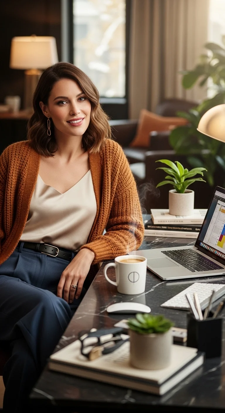 Layered cardigan and camisole outfit for fall business casual outfits for women in 2025