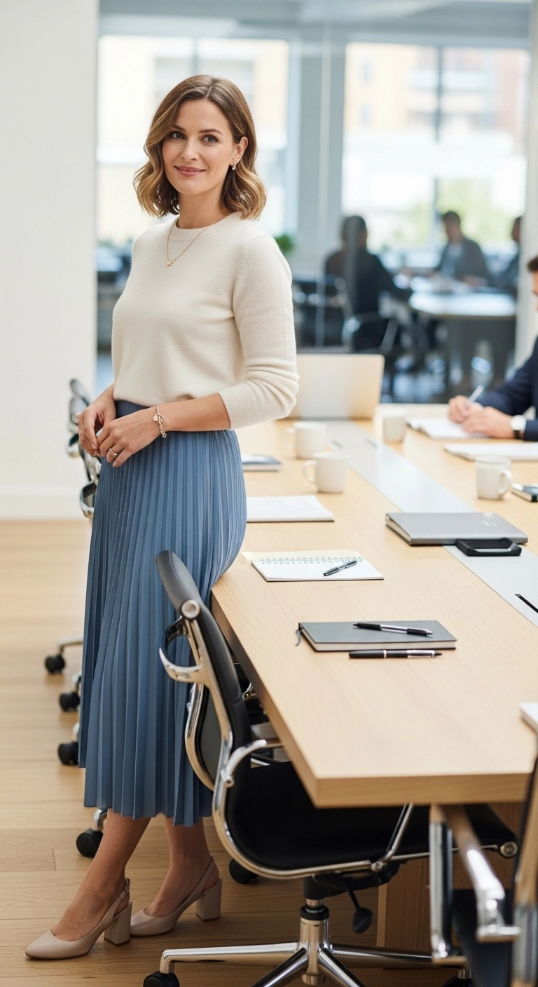 Spring business casual outfits 2026 with fine-knit cardigan as a top and straight-leg trousers