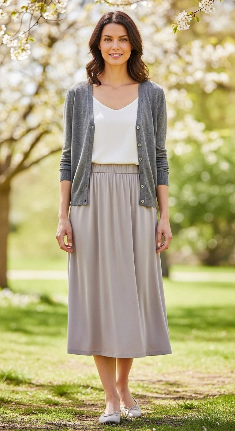 Comfy spring outfits 2026 with lightweight cardigan shell top and midi skirt