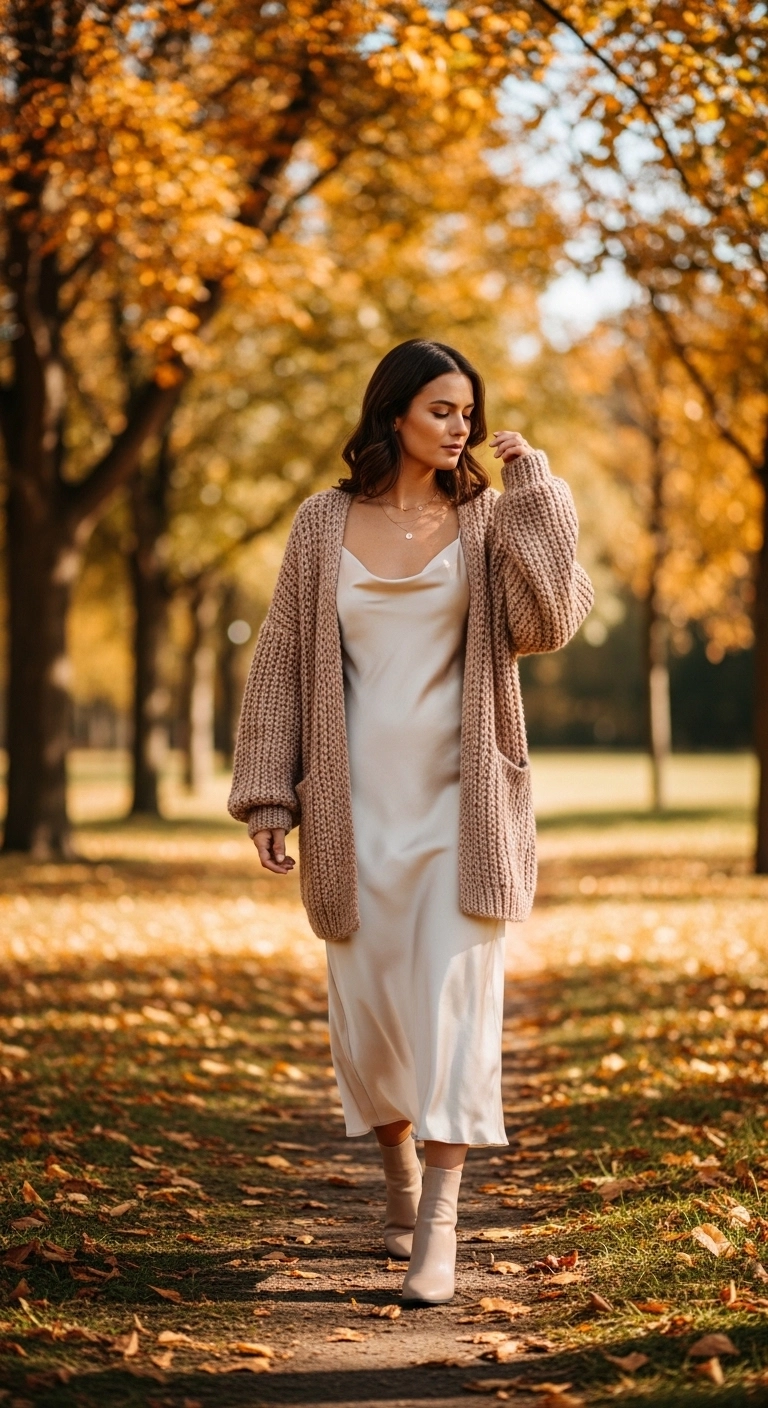 Slip dress with cardigan layered for warm fall outfits for women in autumn 2026