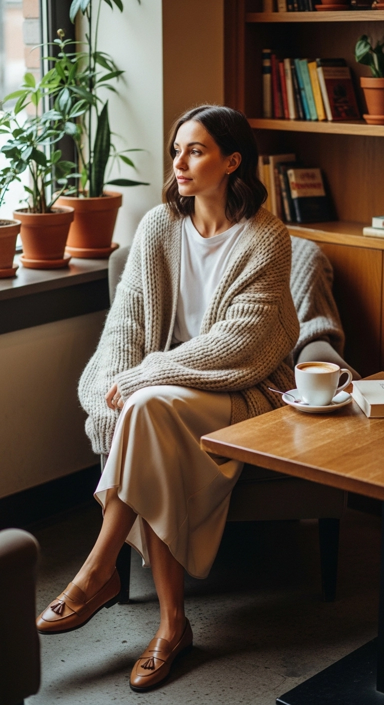 Warm spring outfits for women 2026 with oversized cardigan, tee, and slip skirt