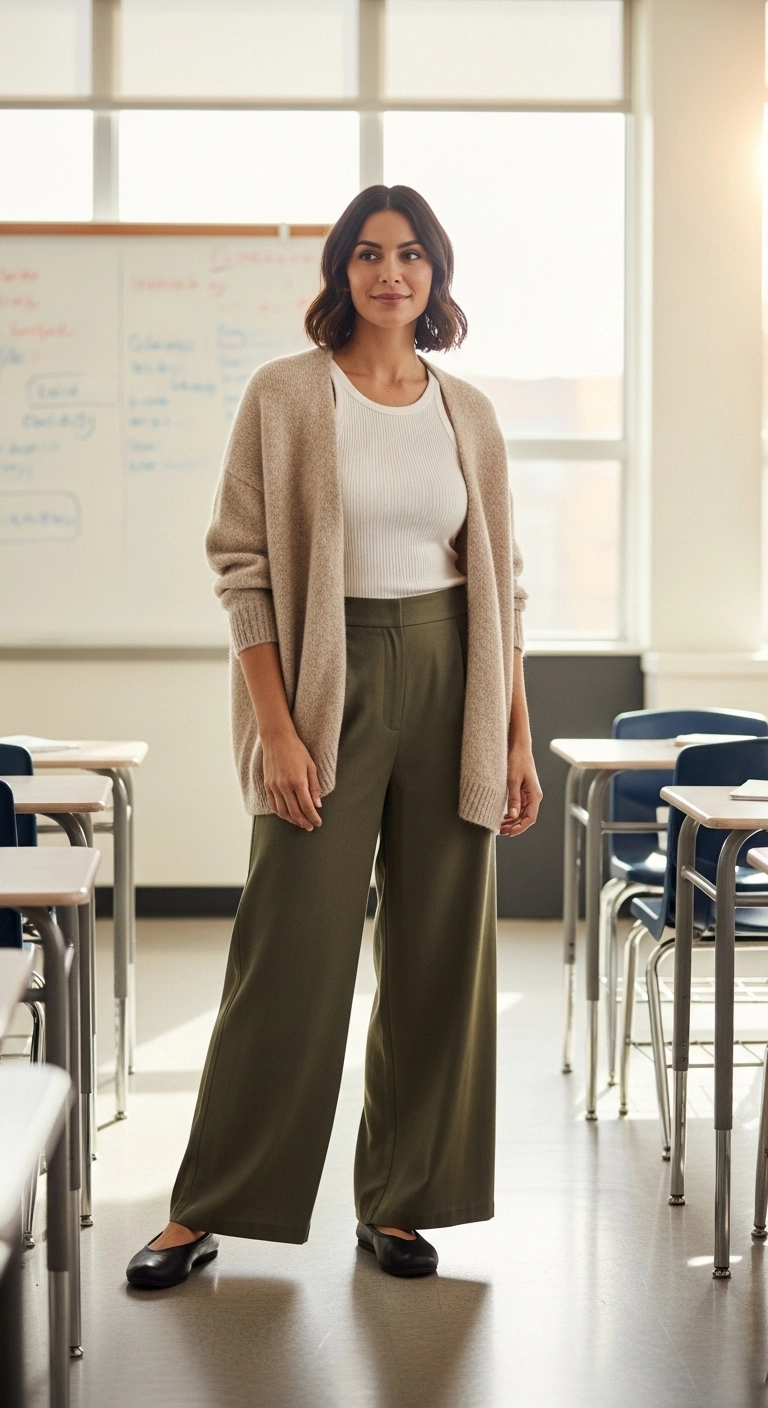 Spring teacher outfits 2026 with cardigan ribbed tank and wide-leg trousers