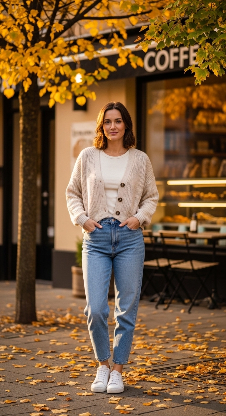 Woman wearing a cardigan, tank top, and mom jeans for a simple fall 2025 outfit.