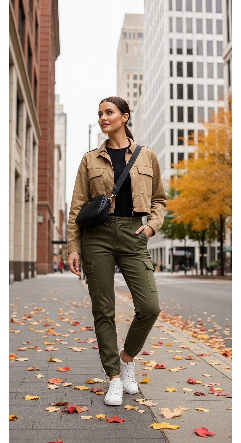 Woman wearing cargo pants, tank, and light jacket for summer to fall transition outfits for women in 2025.