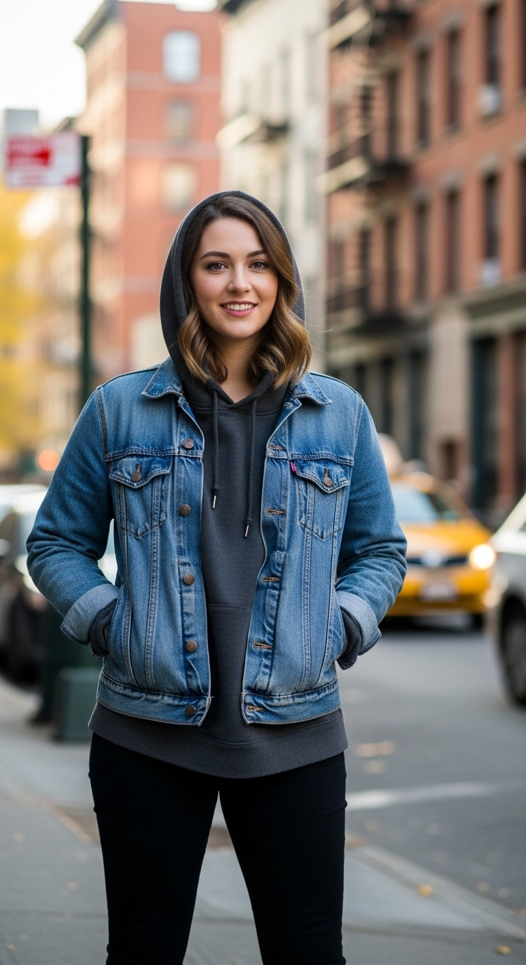 Cozy fall outfits to dress up in autumn 2026 with denim jacket and hoodie