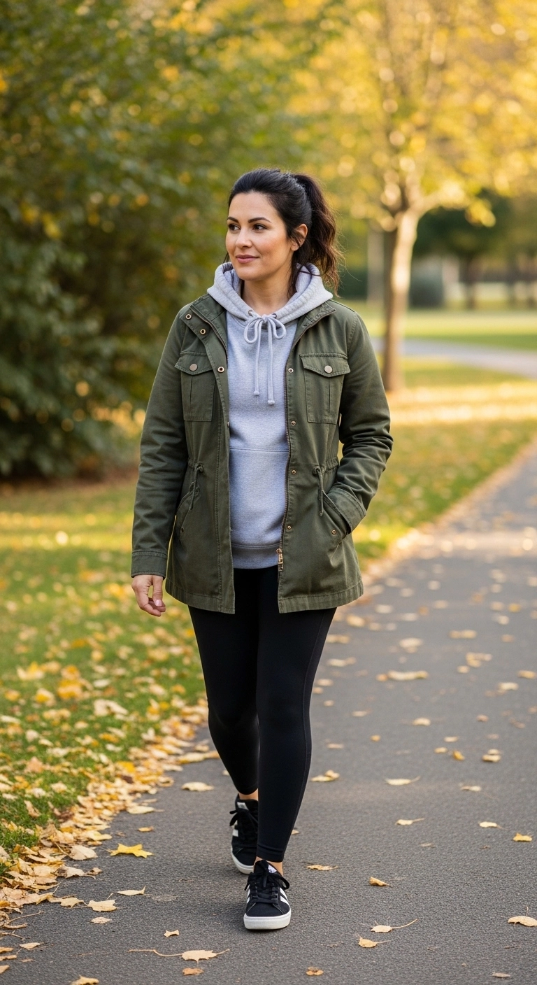 Utility jacket with leggings and hoodie as early fall outfits for women in autumn 2026