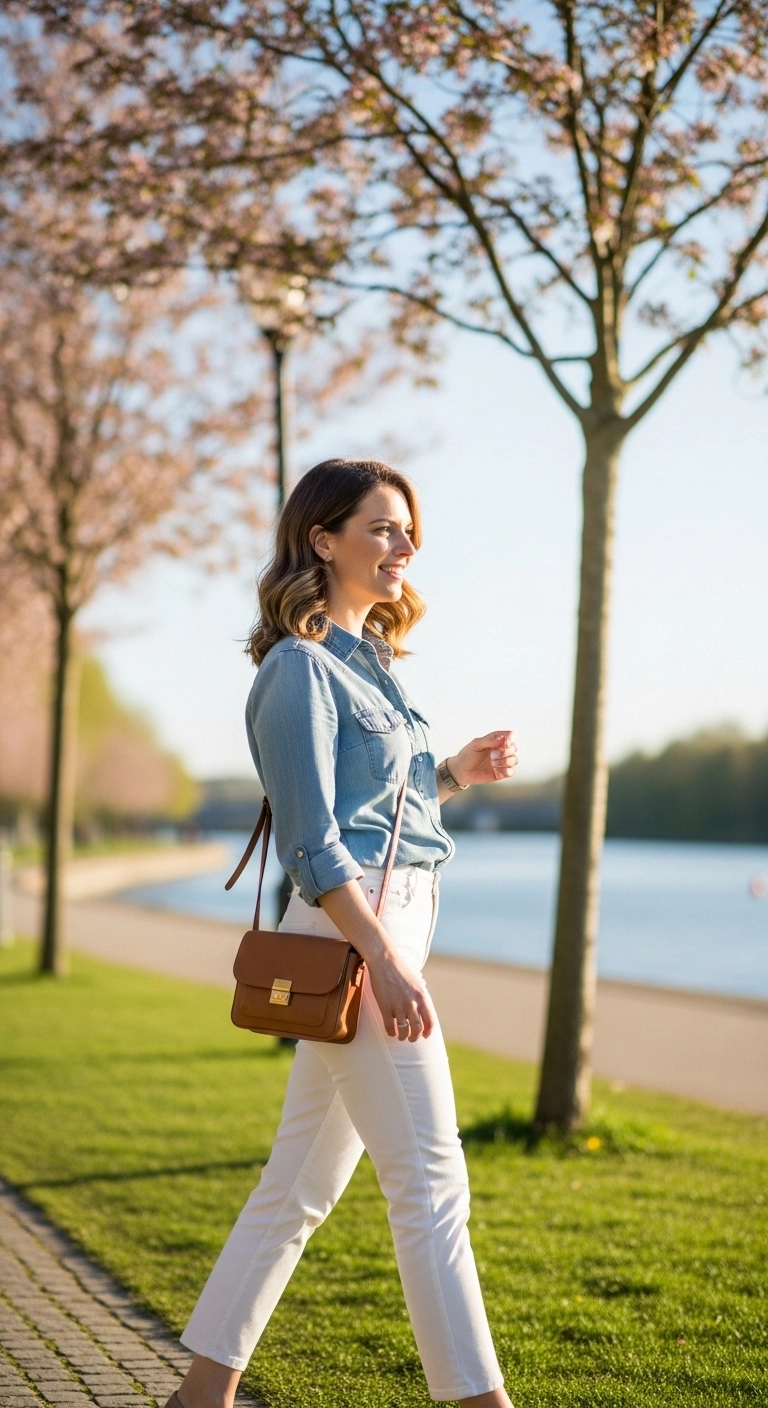 Chambray shirt with white pants walking along promenade, casual spring outfit 2026