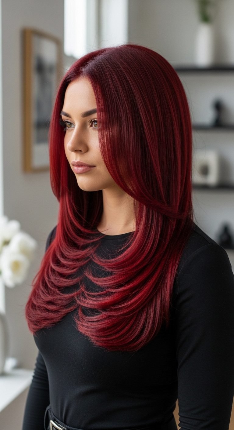 Woman with glossy cherry red hairstyle showing bold Red Hair Color Ideas with rich cool red tones.