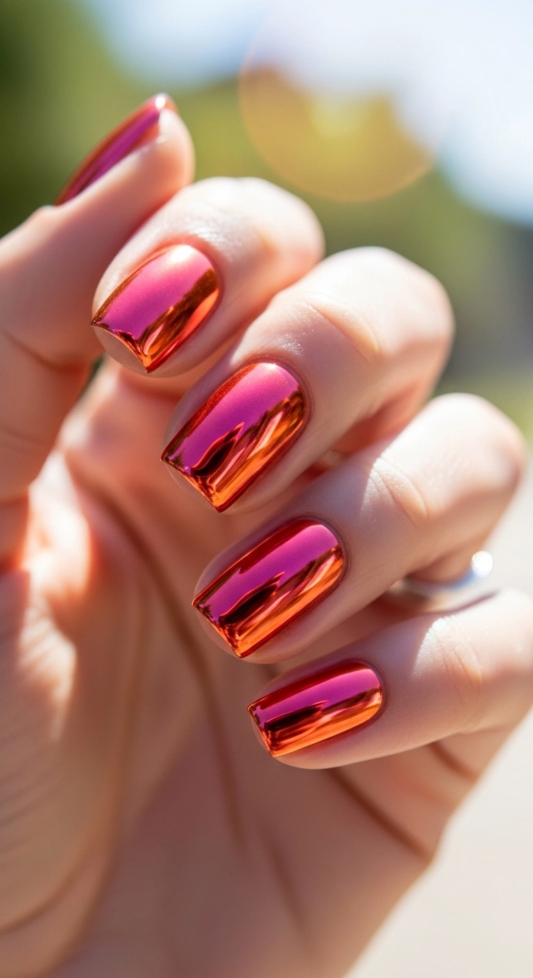 bright summer nails ideas with shiny chrome nails in bright colors