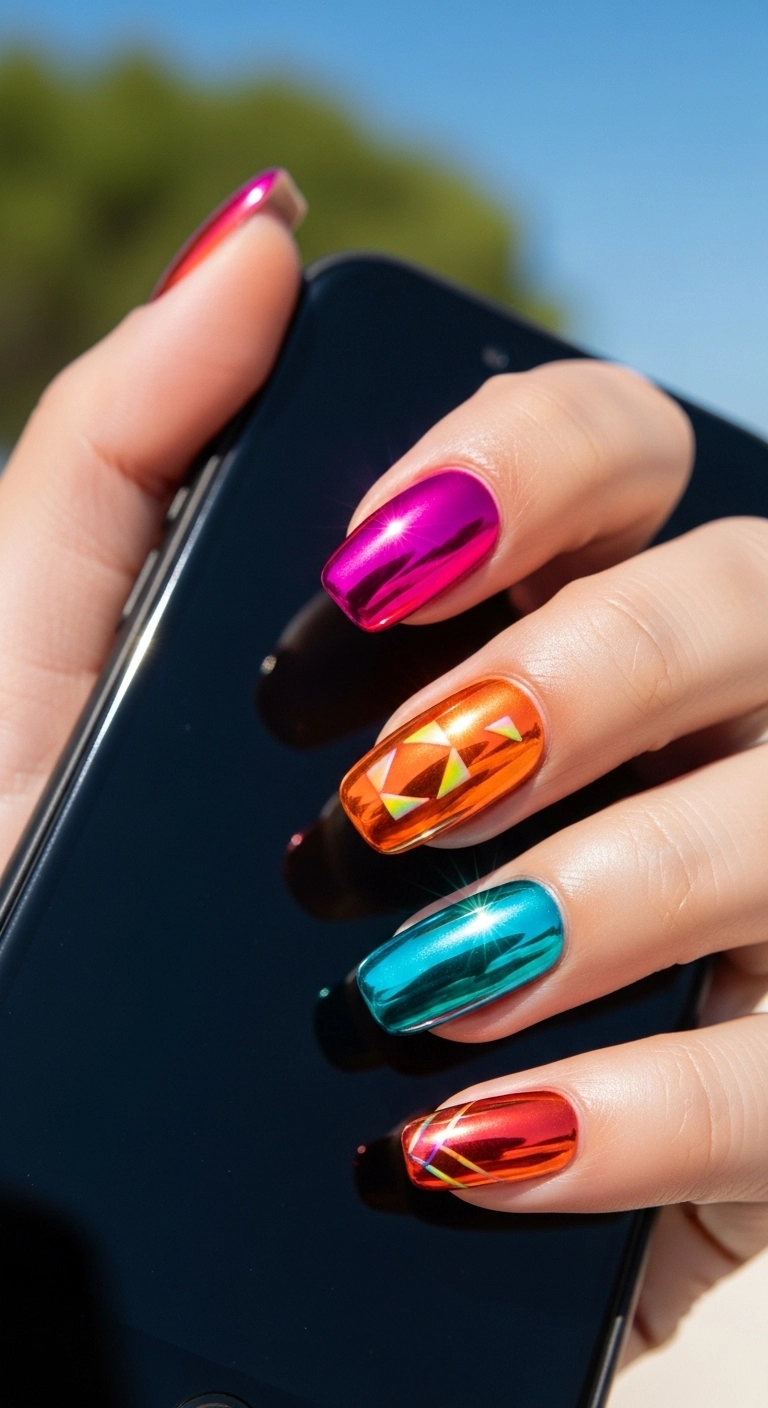 hot summer nails ideas chrome metallic nails in bright reflective colors