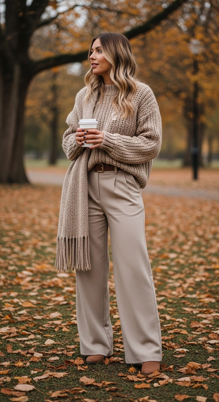 Chunky knit sweater with wide-leg pants for fall birthday outfits for women in autumn of 2025