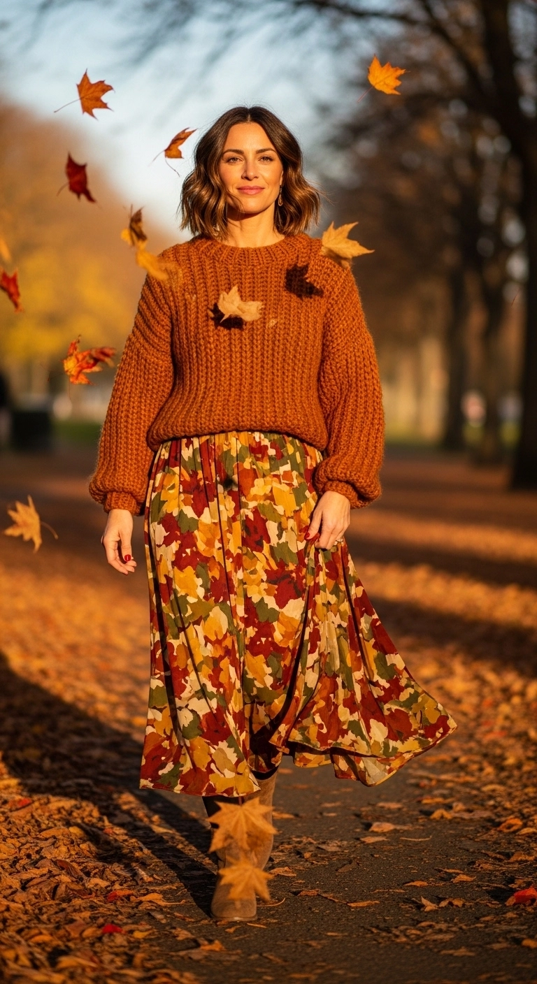 Cozy fall outfits to dress up in autumn 2026 with chunky knit and midi skirt