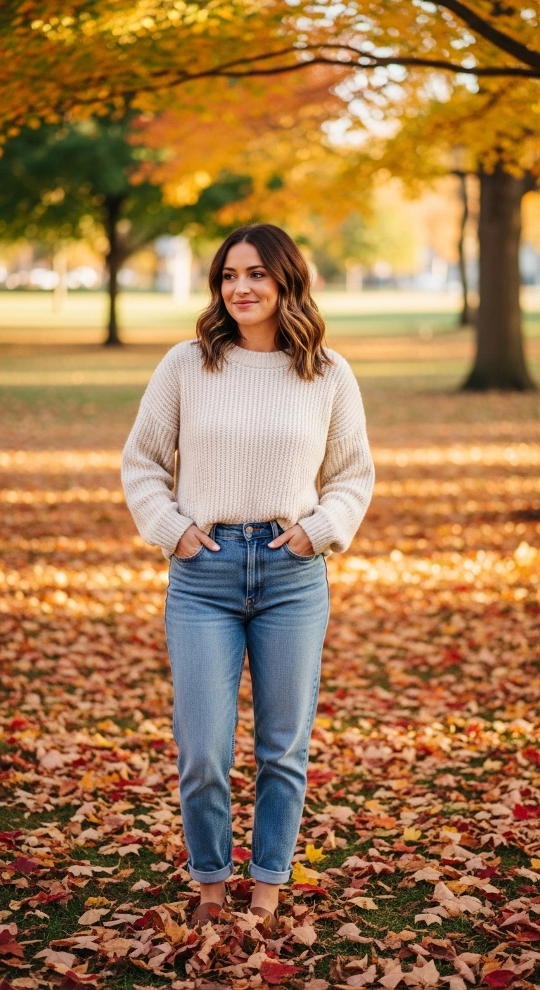Chunky knit sweater and mom jeans for comfy fall outfits youll love in autumn 2026