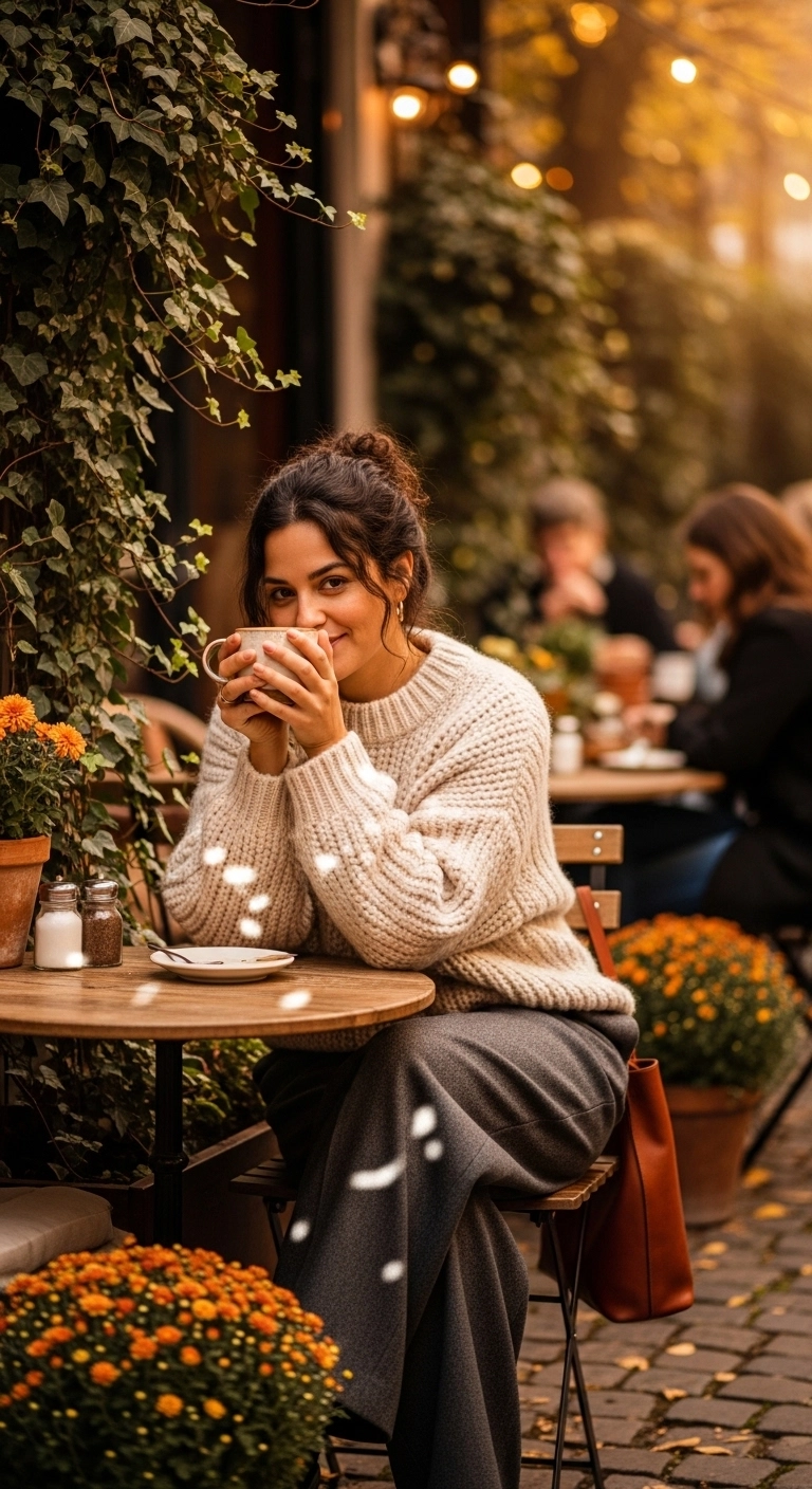 trendy fall outfits for women in 2026 chunky sweater wide-leg trousers