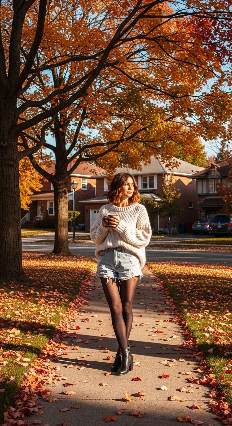 Woman wearing a chunky sweater, denim shorts, and tights for a casual fall 2025 outfit.