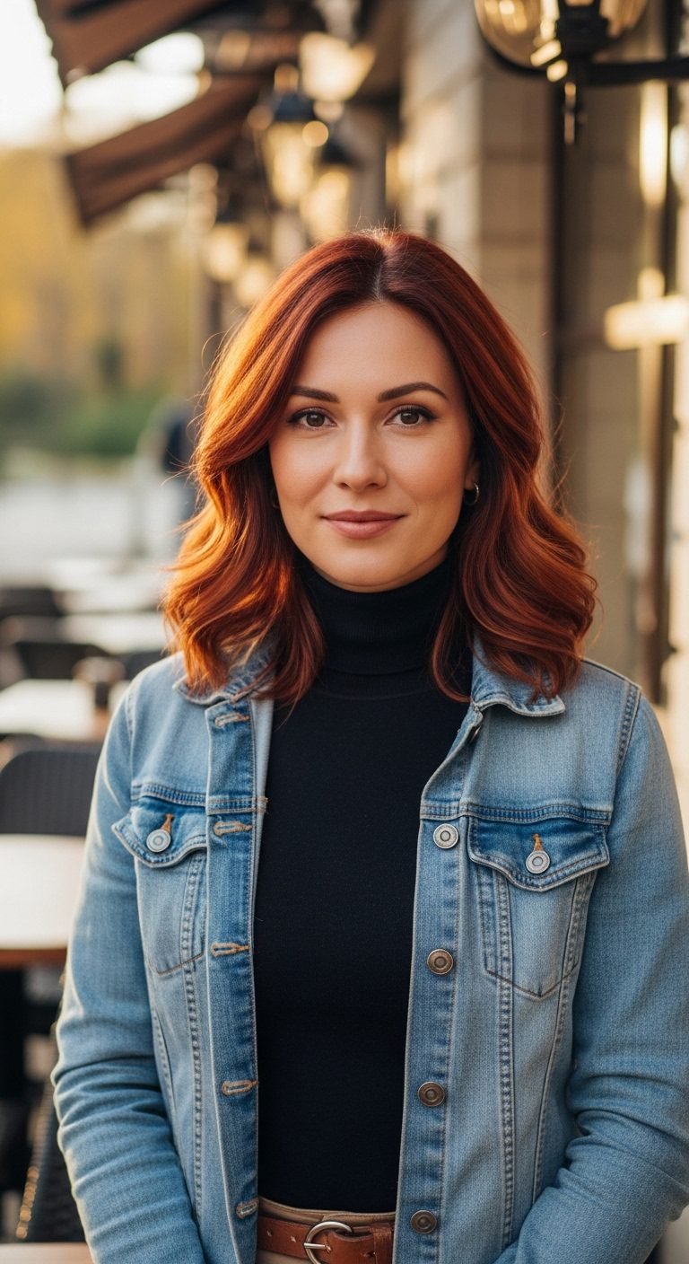 Woman with warm cinnamon red hairstyle showing cozy Red Hair Color Ideas.