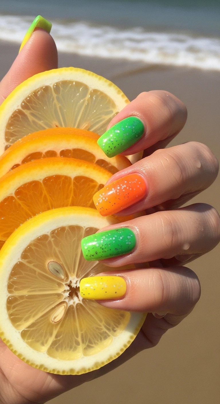 colorful beach nails ideas citrus gradient nails in yellow orange and green