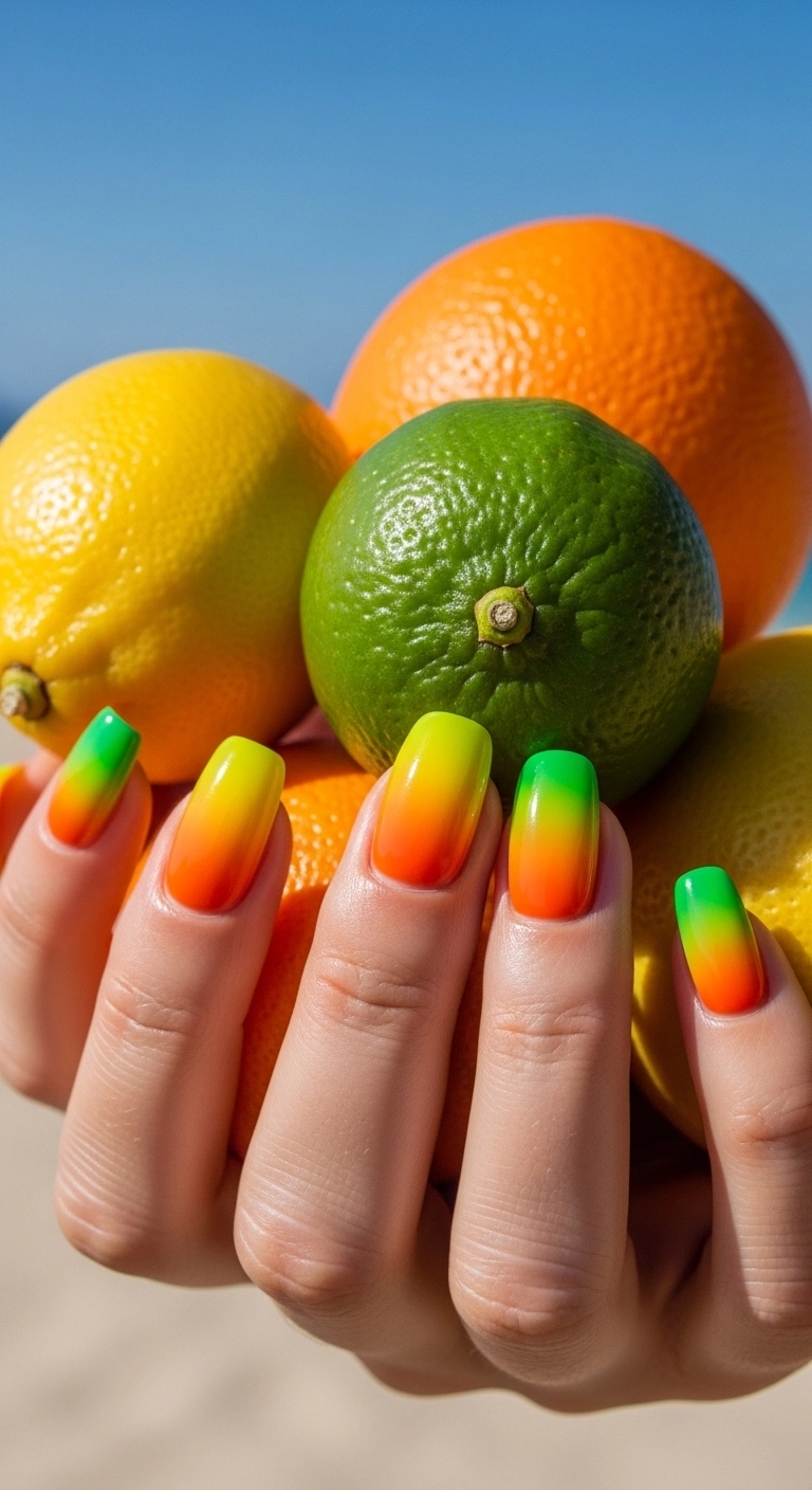 hot summer nails ideas citrus gradient nails in yellow orange and green