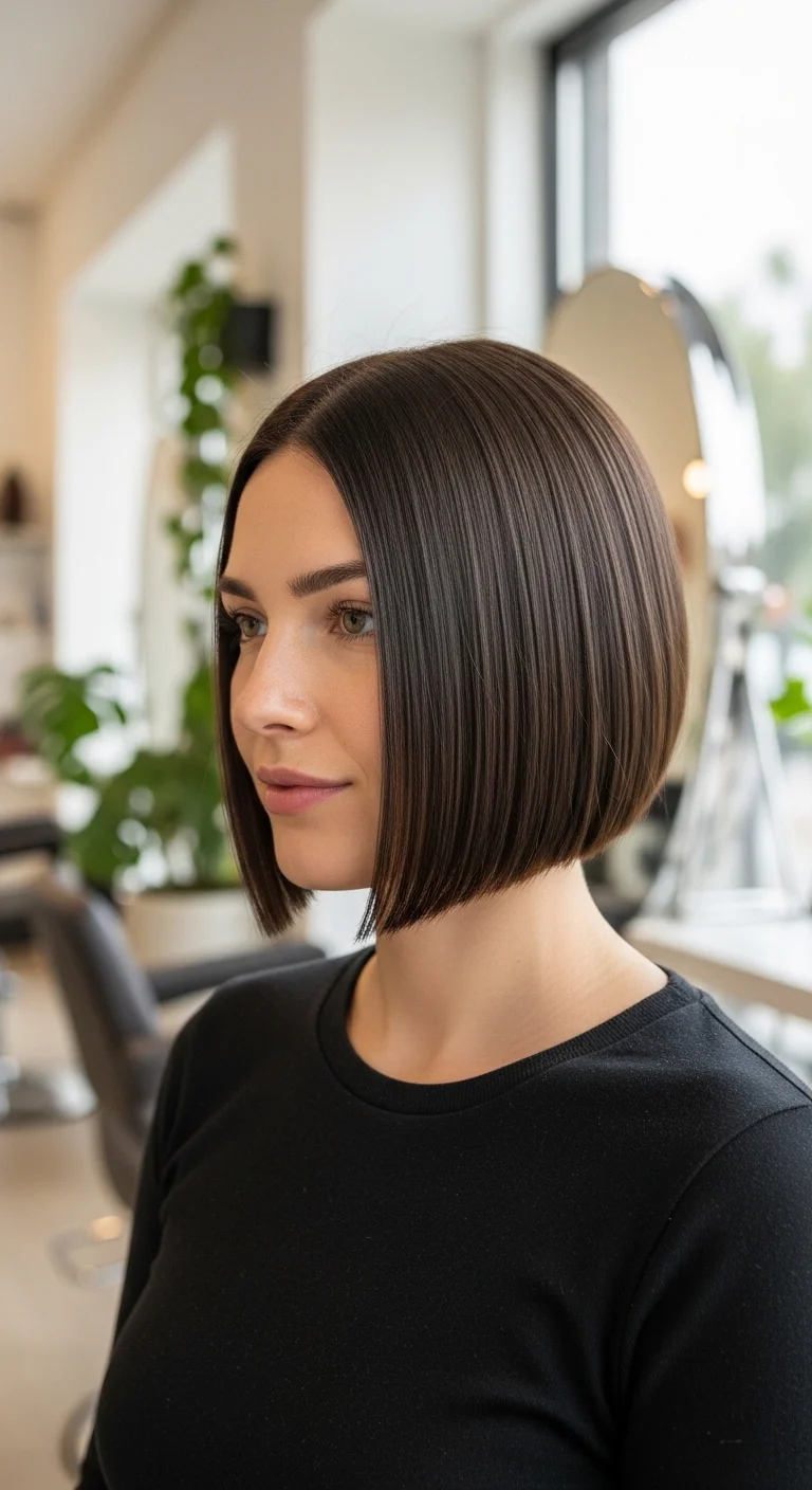 Classic blunt bob short hairstyle for thin fine hair with sleek finish