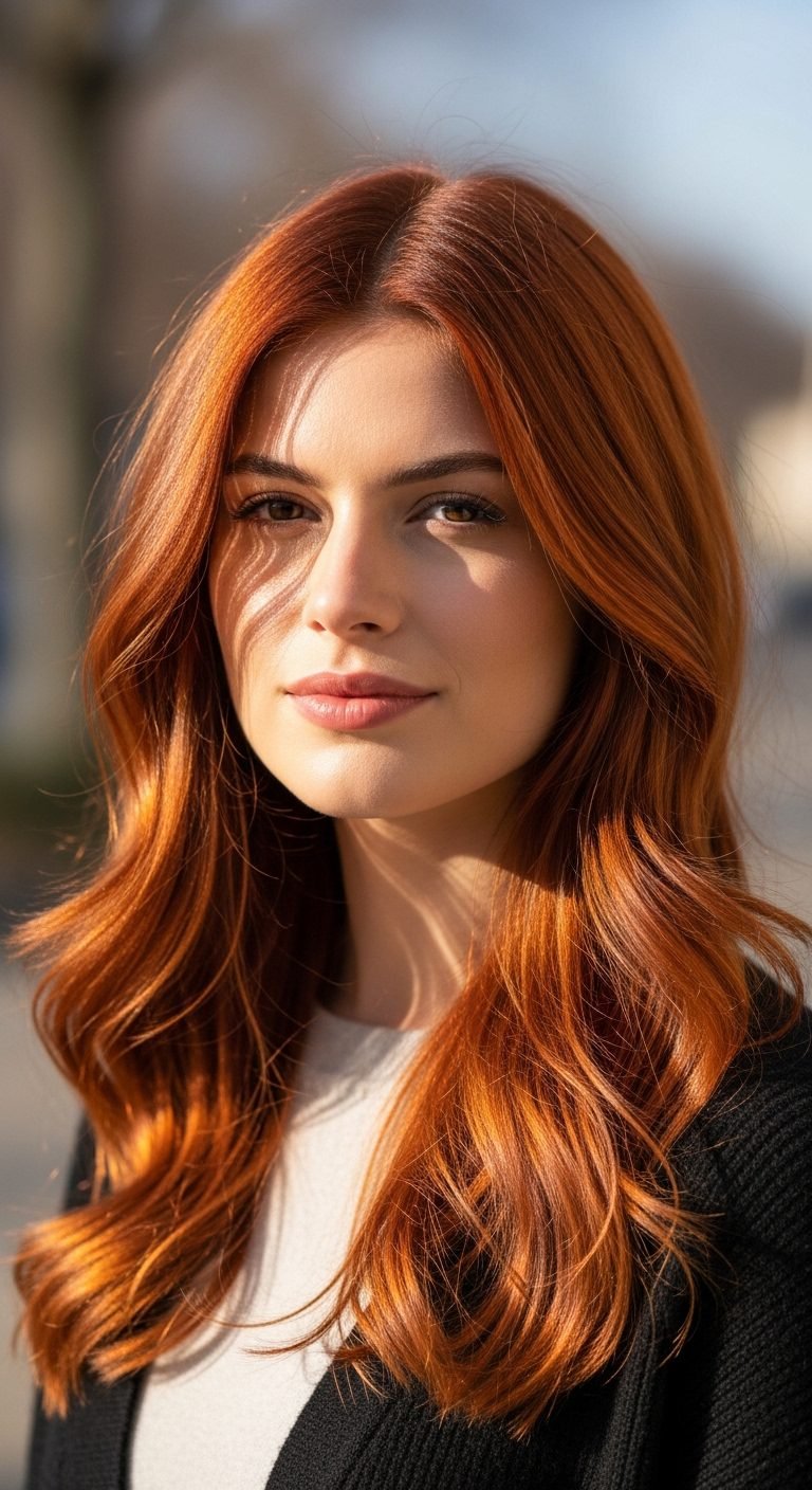 Woman with classic copper red hair showing one of the best Red Hair Color Ideas with warm vibrant copper tones in natural sunlight.