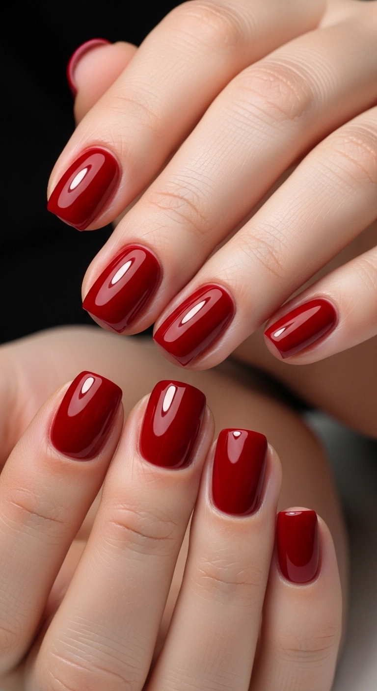 Deep red short nails winter manicure 2025-2026