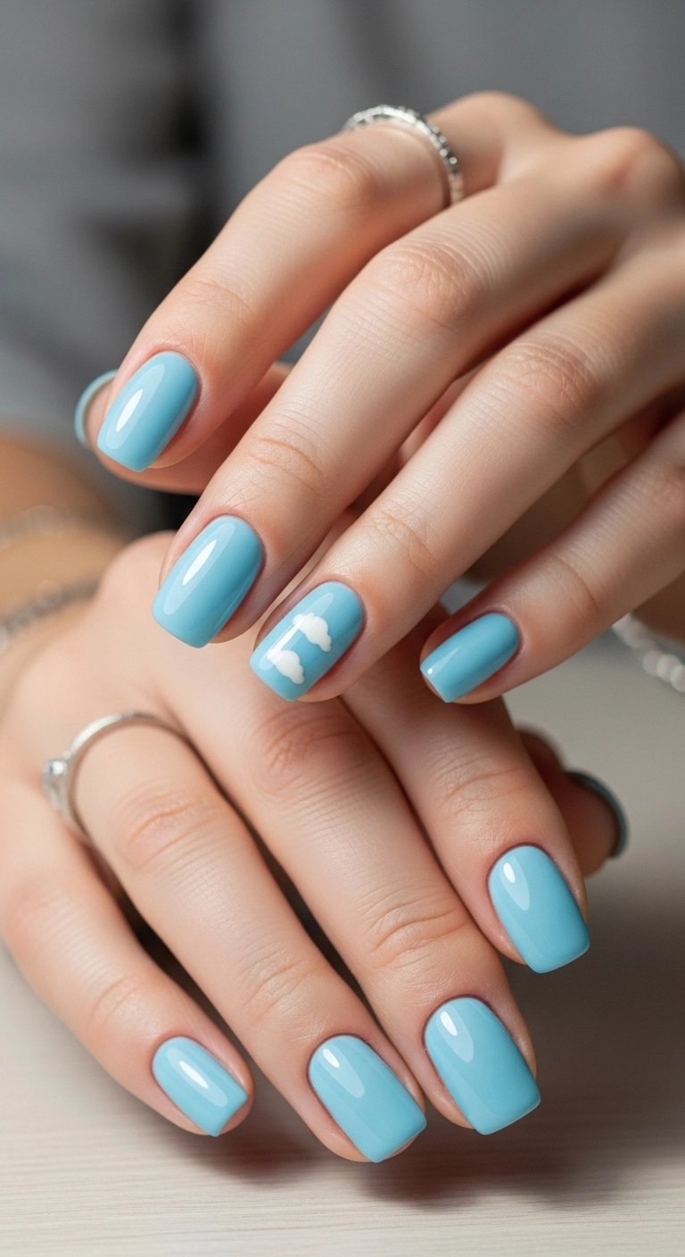 Woman’s hand with classic sky blue summer nails, glossy finish, and a tiny white cloud accent.