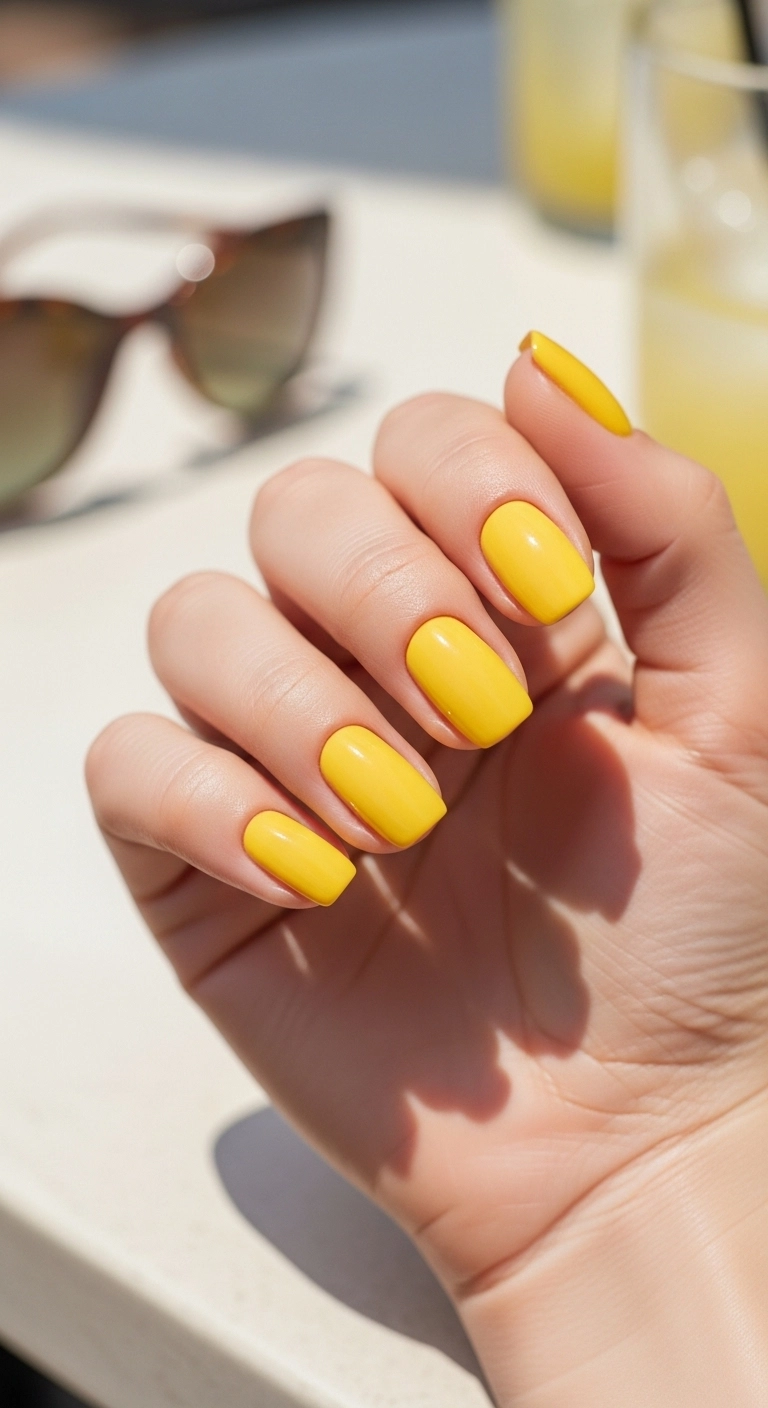 classic solid yellow nails for yellow summer nails ideas with glossy bright finish