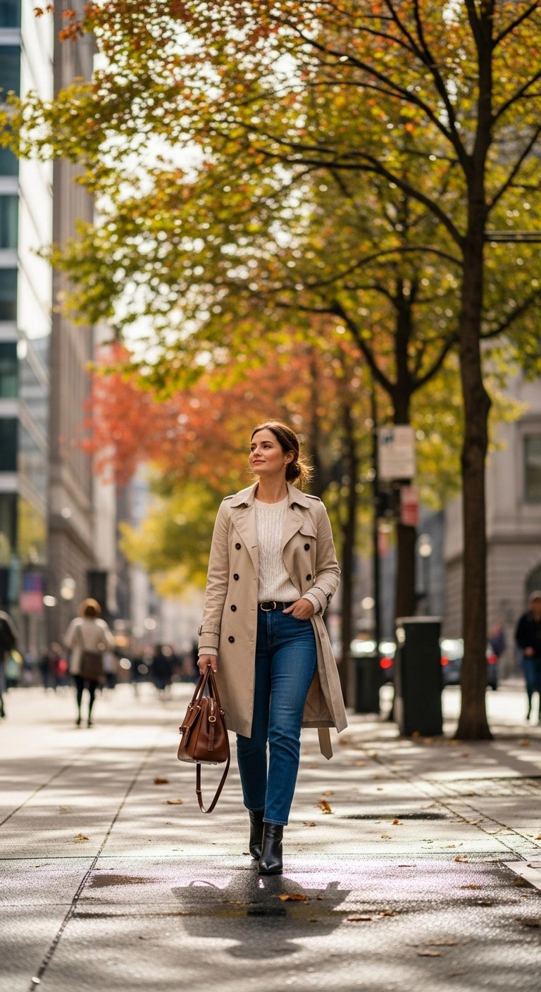 Trench coat with jeans styled as early fall outfits for women in autumn 2026