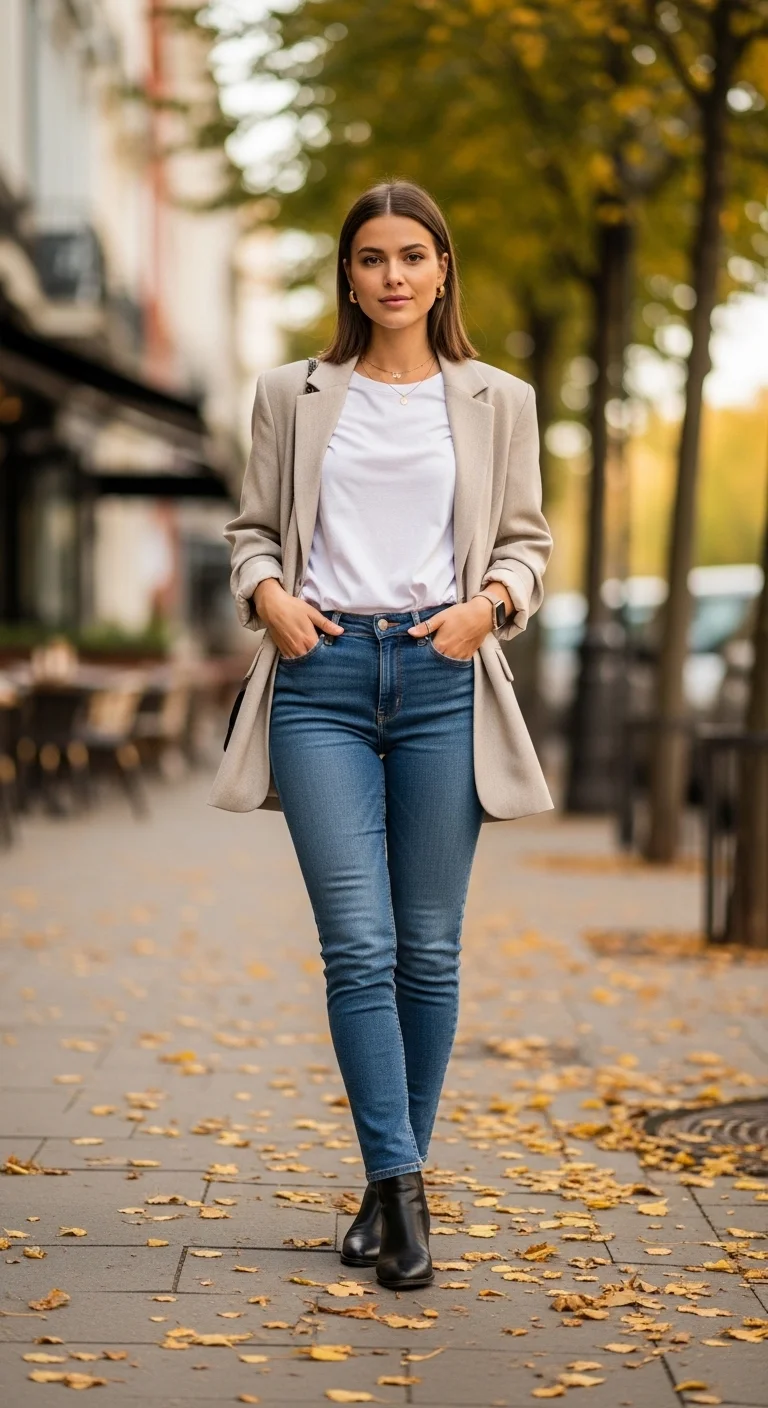 Young woman wearing a classic white tee, oversized blazer, and blue jeans in a stylish fall outfit for Autumn 2025.