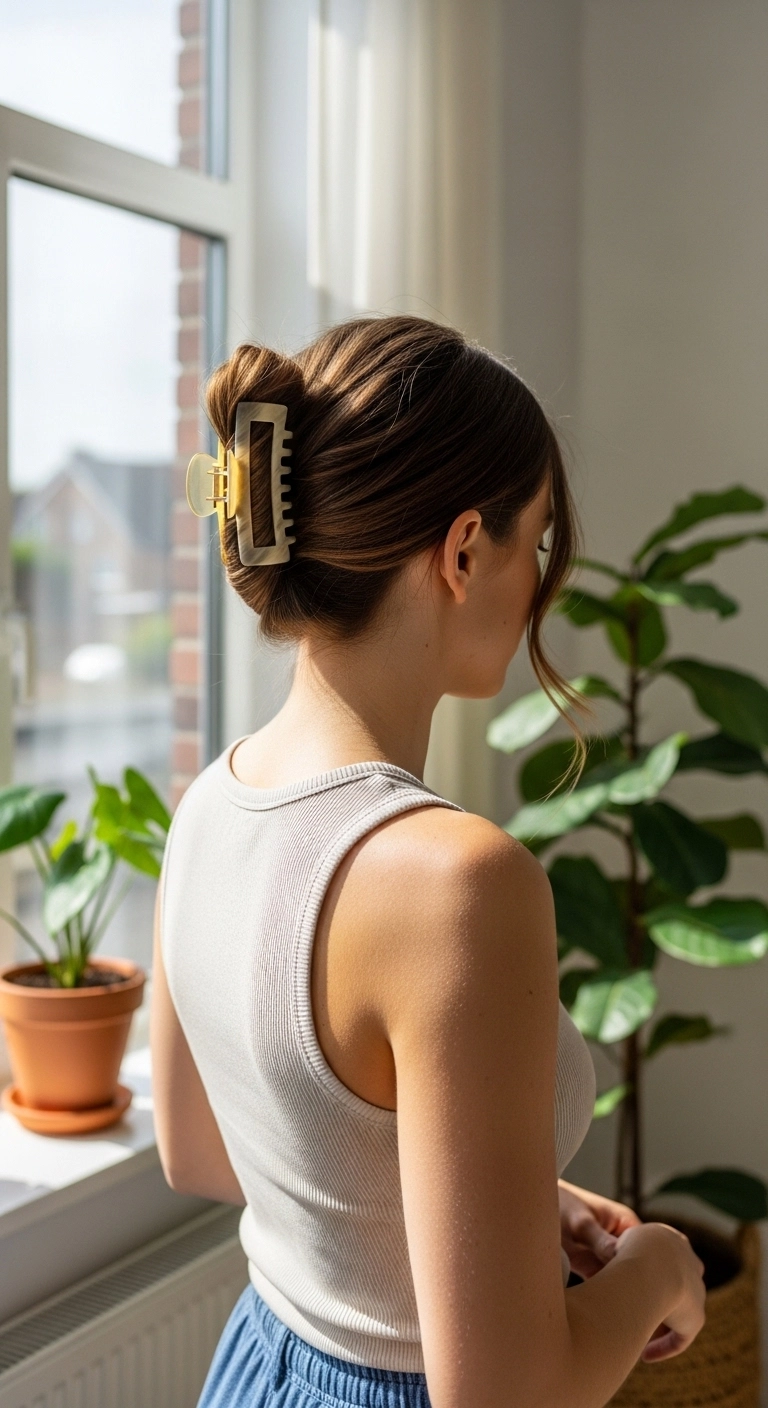 Woman styling long hair with a claw clip twist, a quick summer hairstyle for long hair.