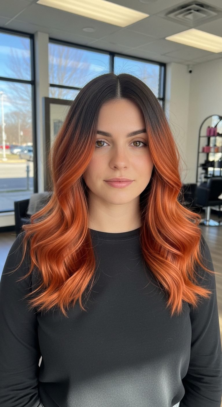 Woman with copper balayage hairstyle showing dimensional Red Hair Color Ideas.