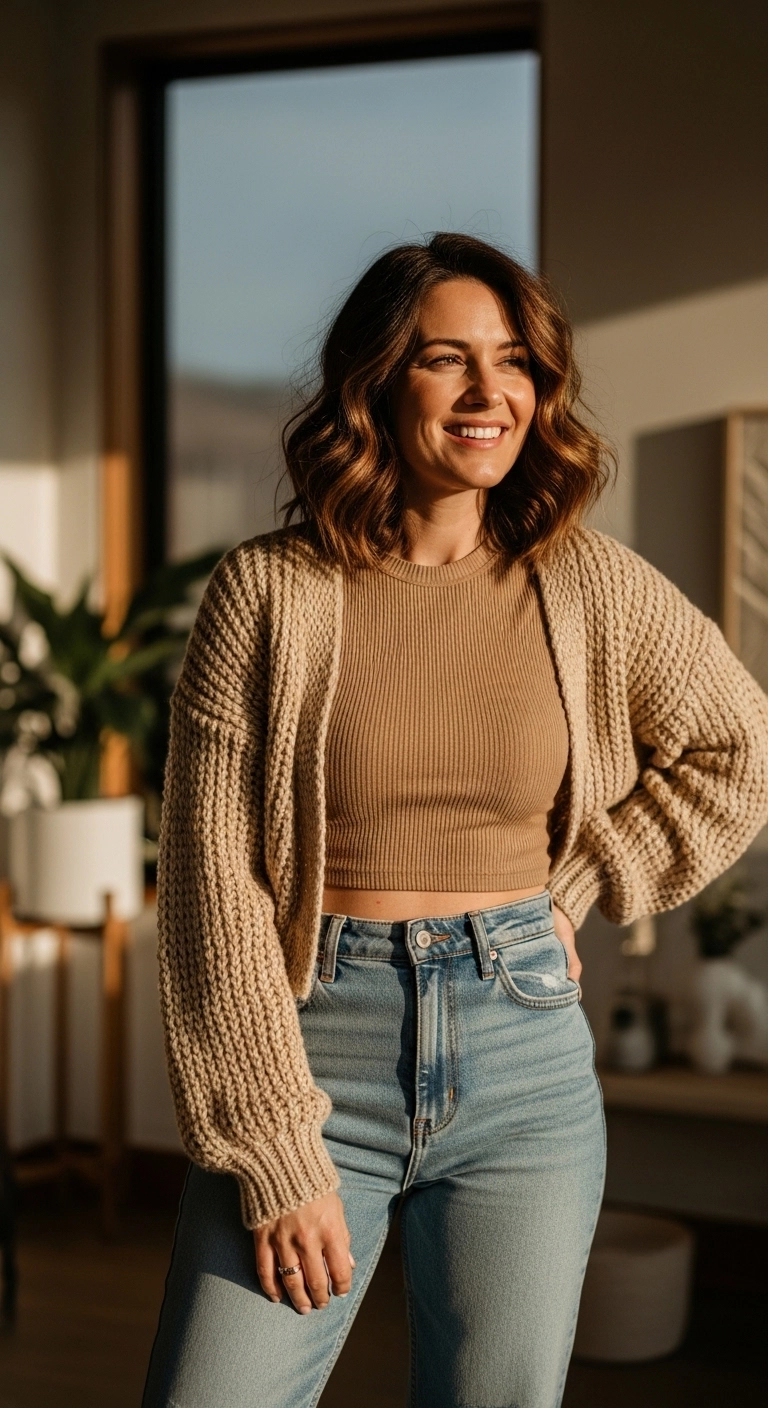 Cardigan with crop top and high-waisted jeans as early fall outfits for women in autumn 2026