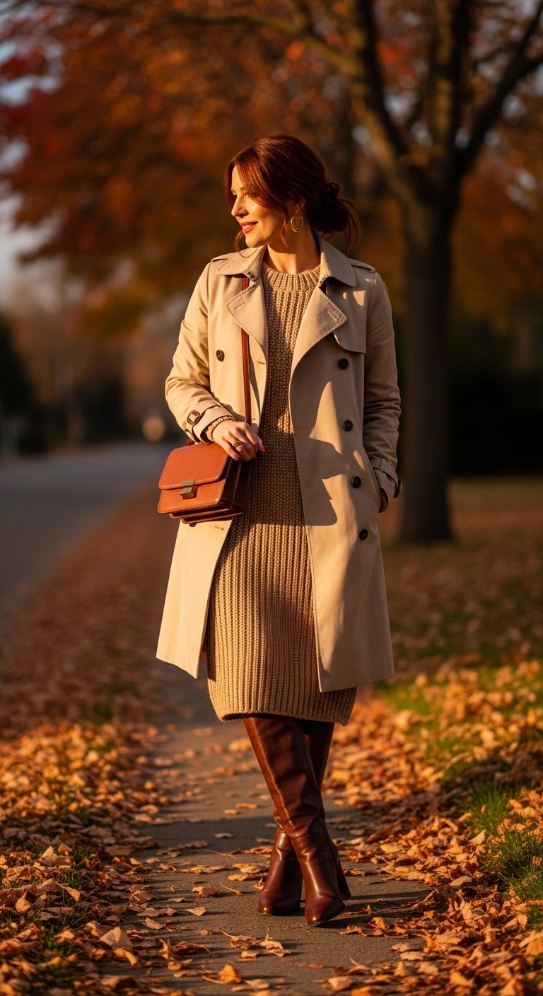 trendy fall outfits for women in 2026 knit dress with knee-high boots