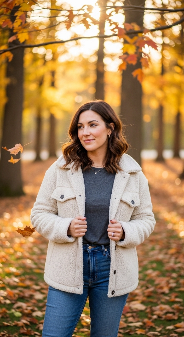 Cozy fall outfits to dress up in autumn 2026 with sherpa jacket and jeans