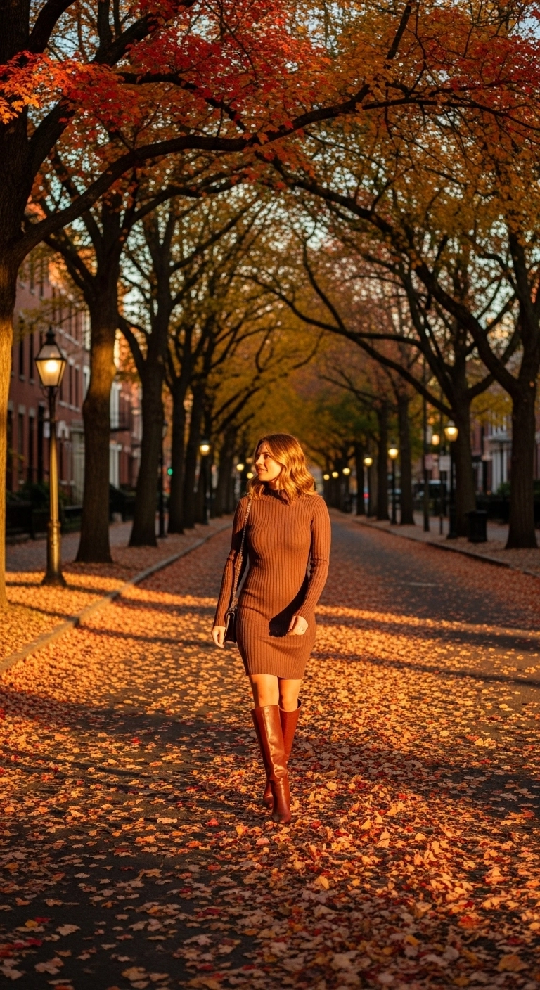 fall going out outfits for women during autumn 2026 sweater dress knee high boots