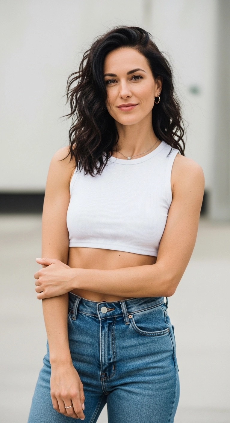 cute spring outfit ideas 2026 crop top with high-waisted jeans casual style