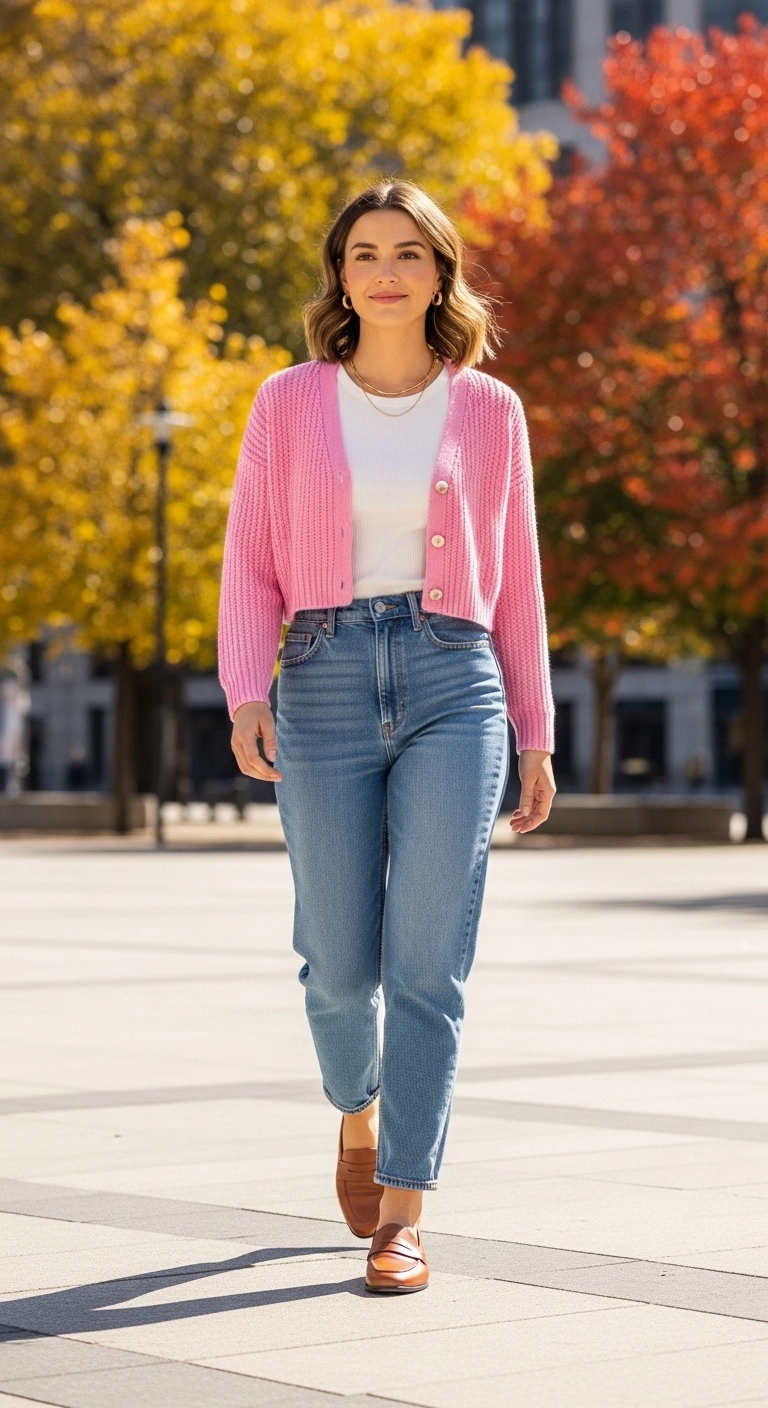Woman wearing a cropped cardigan with high-waist jeans for summer to fall transition outfits for women in 2025.