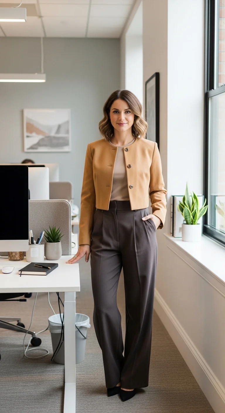 Woman in cropped jacket and high-waist pants for fall business casual outfits for women in 2025