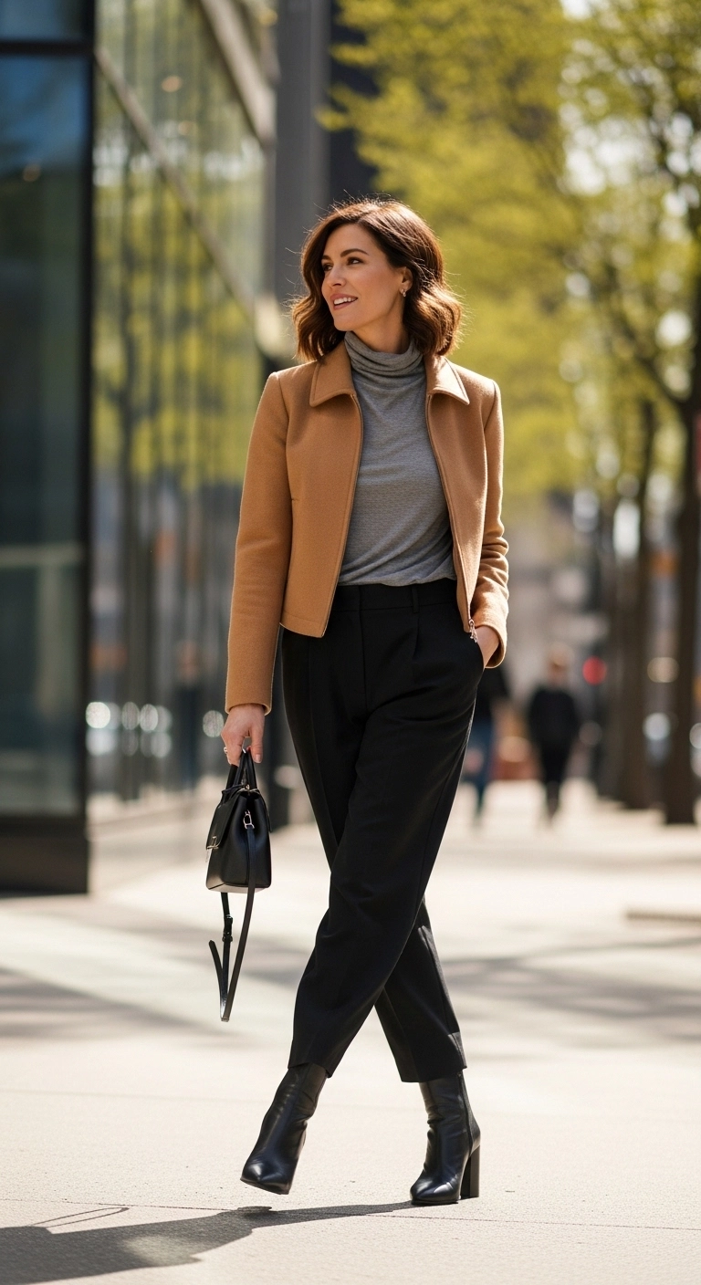 Warm spring outfits for women 2026 with cropped jacket, turtleneck, and relaxed trousers