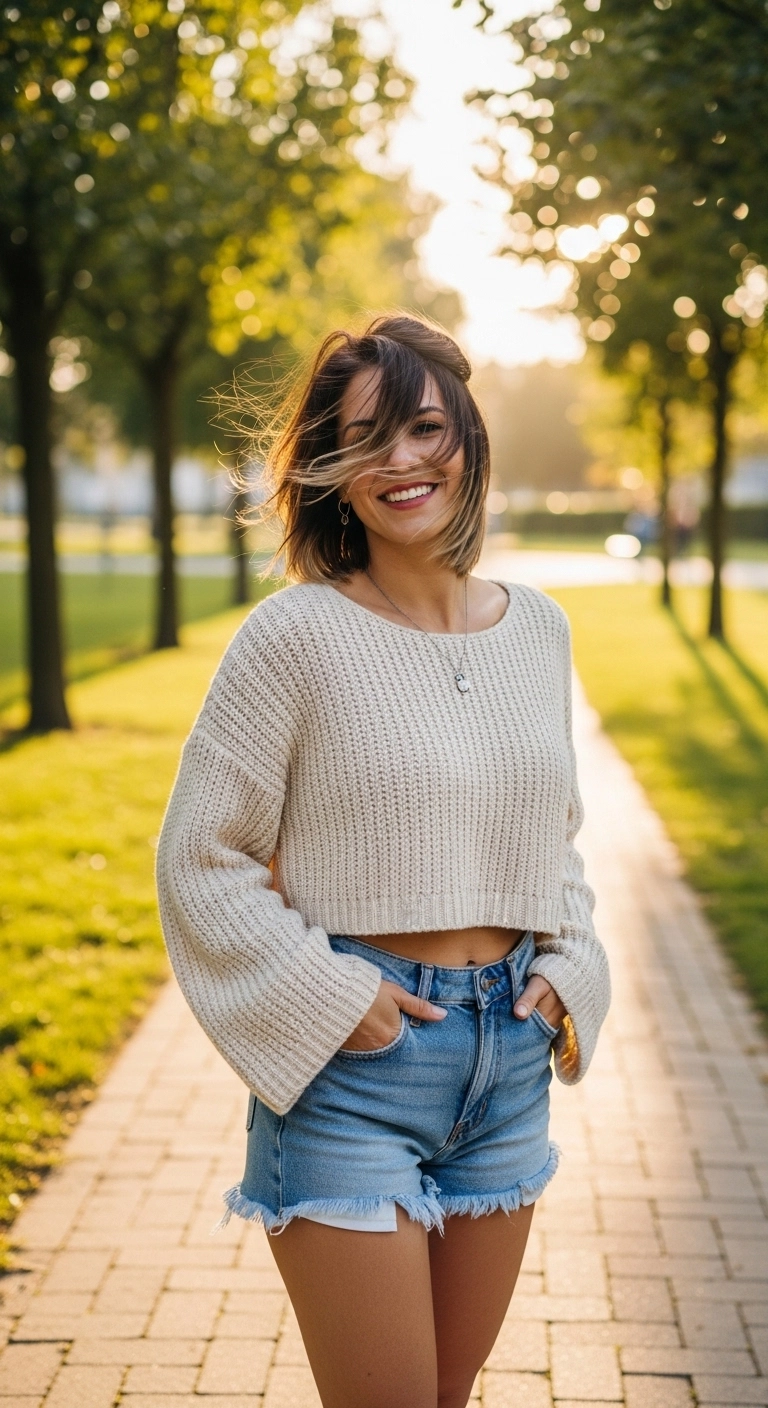 Cropped knit sweater and high-waist shorts casual spring outfit 2026