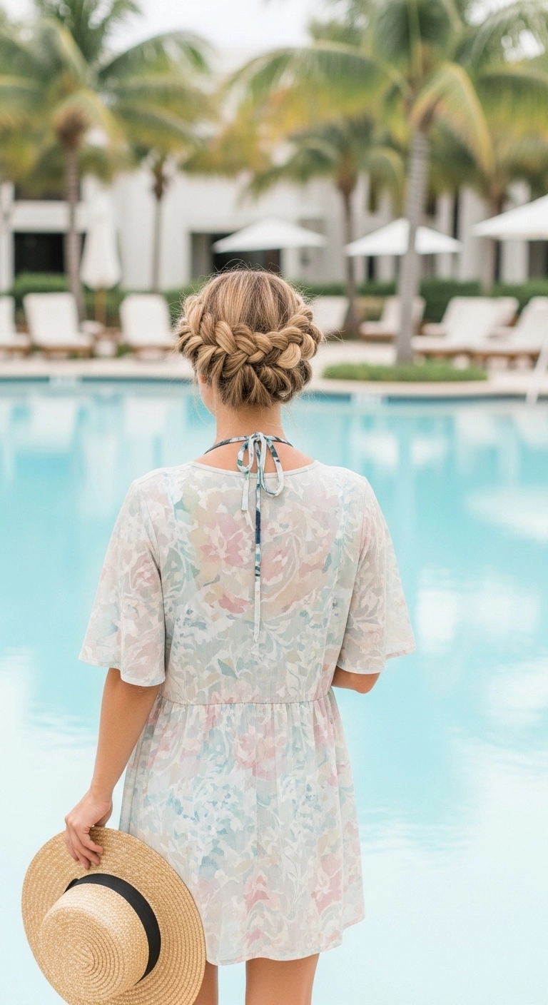 Woman near a pool wearing a braided crown hairstyle, a romantic and elegant option among cute pool hairstyles.