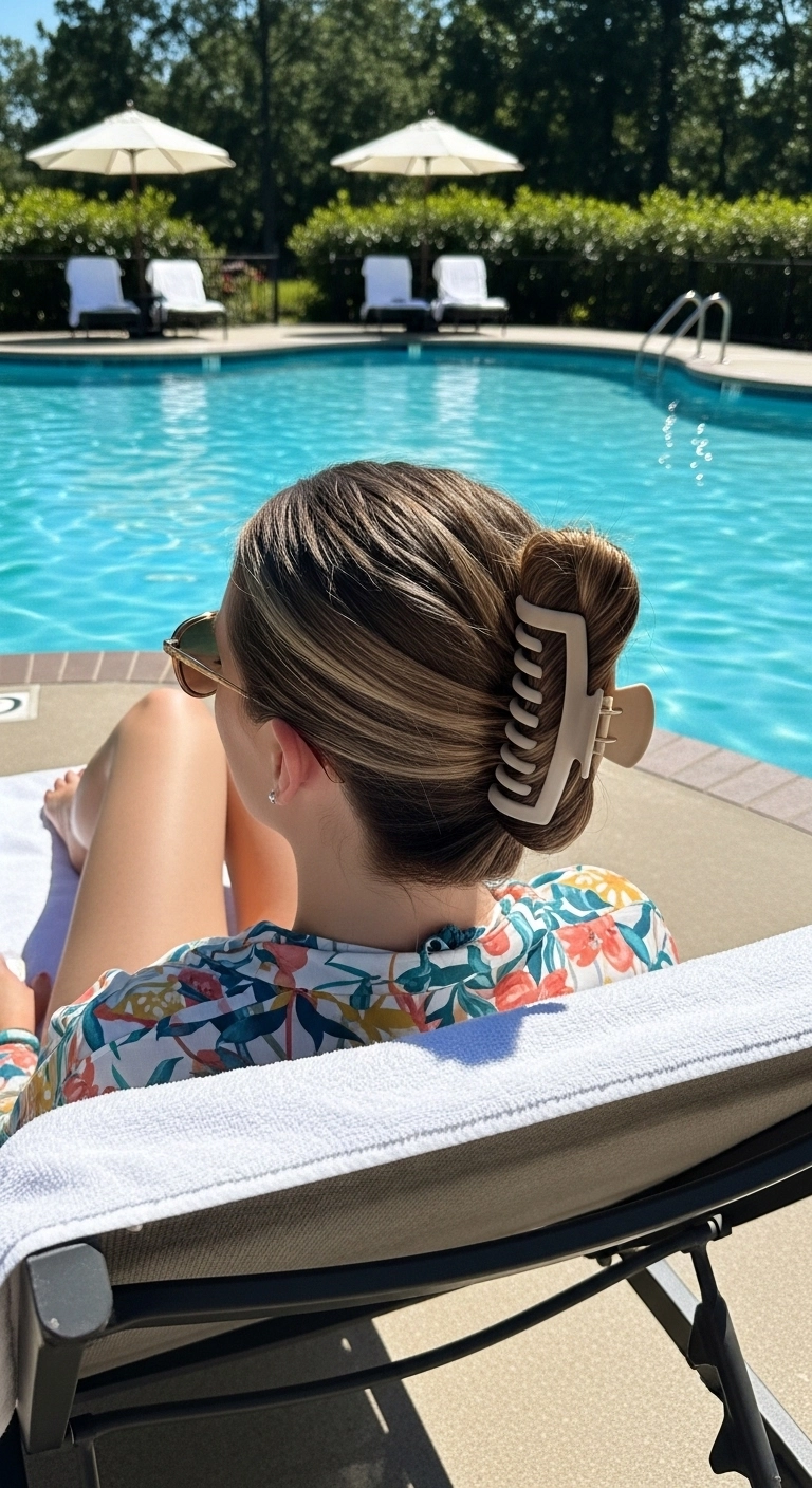 Woman relaxing by a pool with a claw clip twist hairstyle, a simple and trendy example of cute pool hairstyles.
