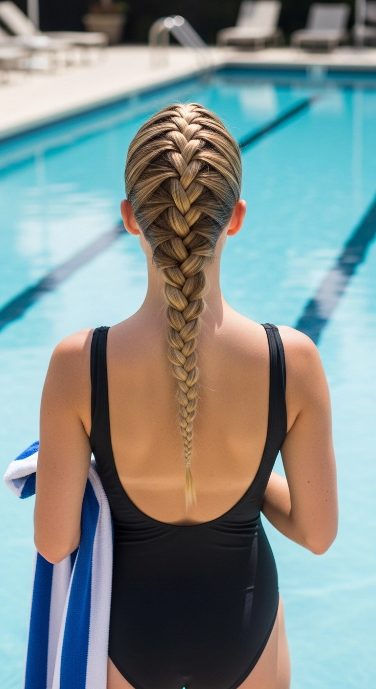 Woman beside a swimming pool wearing a French braid, a secure and stylish option among cute pool hairstyles.