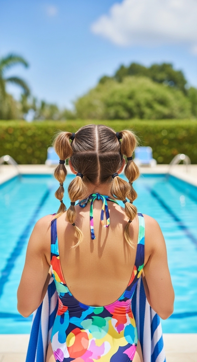 Woman beside a pool with twisted pigtails hairstyle, a playful example of cute pool hairstyles for summer swimming.