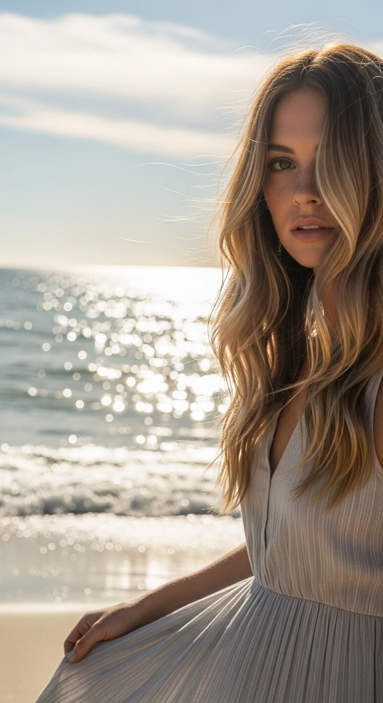 Loose beach waves hairstyle example showing cute summer hairstyles near the ocean.